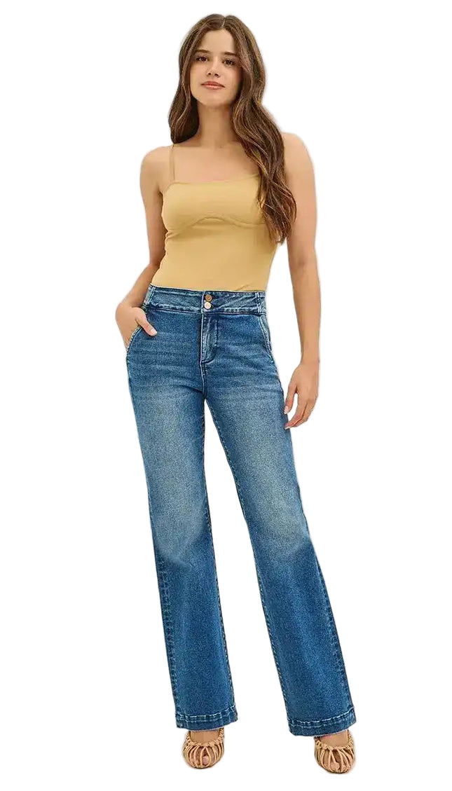 Risen High Rise Bootcut Jeans With Double Button Waist & Tummy Control PB21350 - Sleekdenim.com