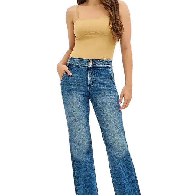 Risen High Rise Bootcut Jeans With Double Button Waist & Tummy Control PB21350 - Sleekdenim.com