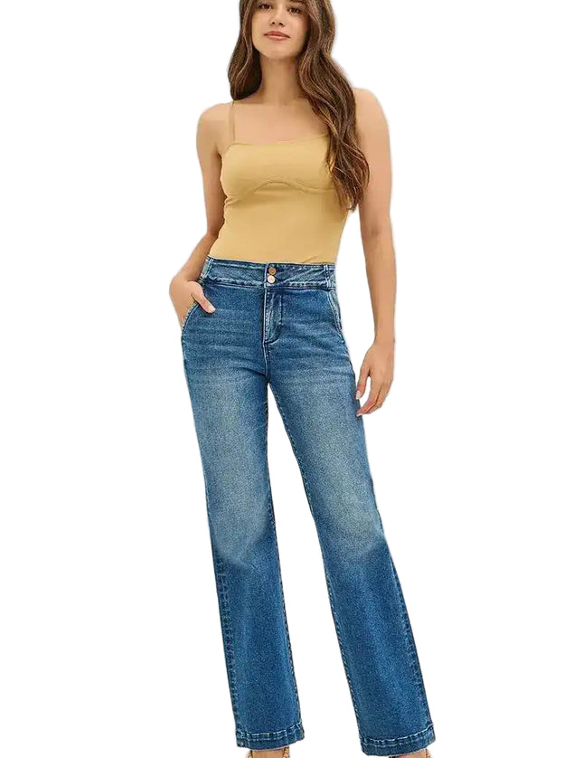 Risen High Rise Bootcut Jeans With Double Button Waist & Tummy Control PB21350 - Sleekdenim.com