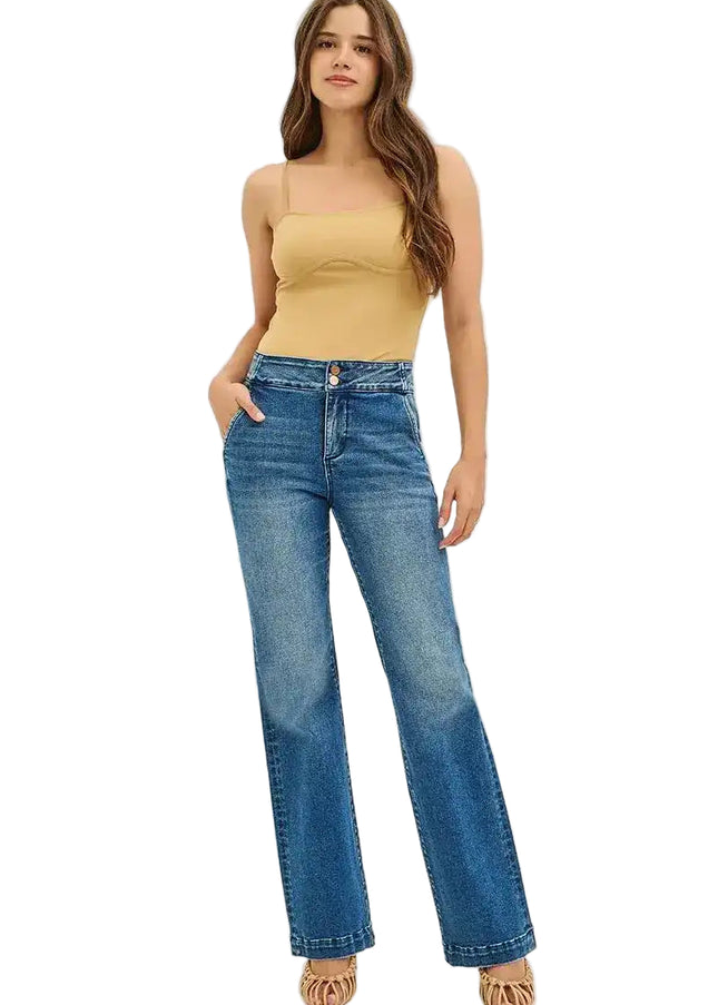 Risen High Rise Bootcut Jeans With Double Button Waist & Tummy Control PB21350 - Sleekdenim.com