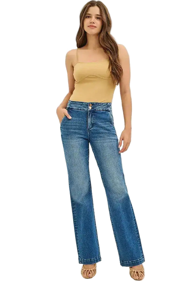 Risen High Rise Bootcut Jeans With Double Button Waist & Tummy Control PB21350 - Sleekdenim.com