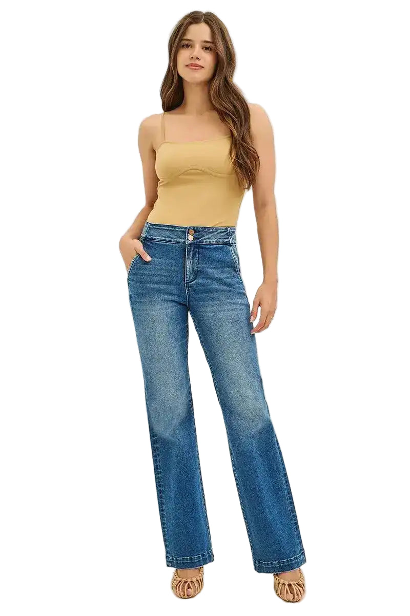 Risen High Rise Bootcut Jeans With Double Button Waist & Tummy Control PB21350