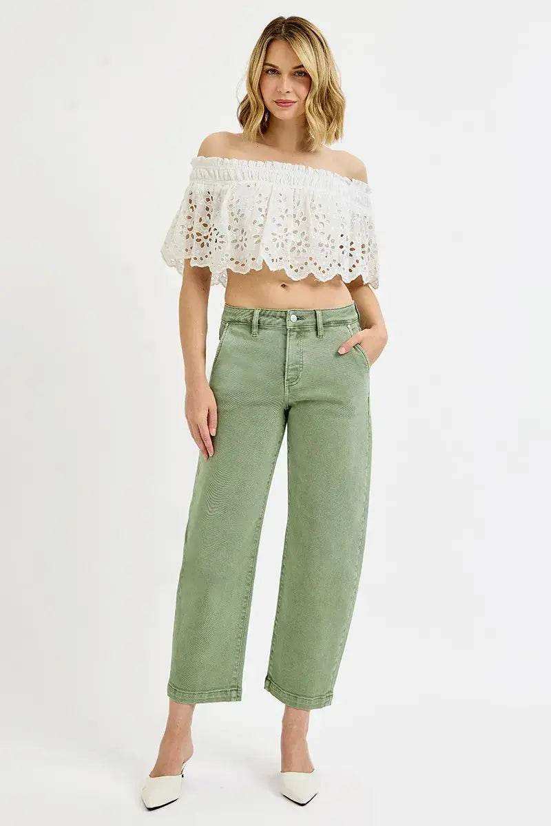 RISEN Tummy Control High Rise Crop Barrel Jeans PGC21036 - Sleekdenim.com