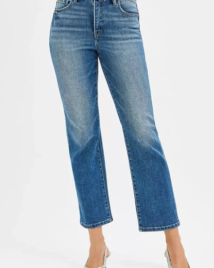 RISEN Tummy Control High Rise Crop Straight Jeans - Sleekdenim.com
