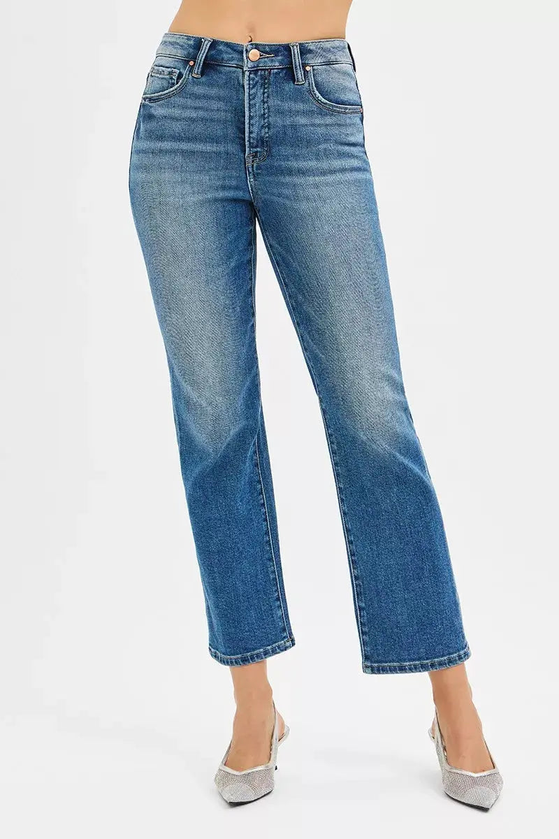 RISEN Tummy Control High Rise Crop Straight Jeans - Sleekdenim.com