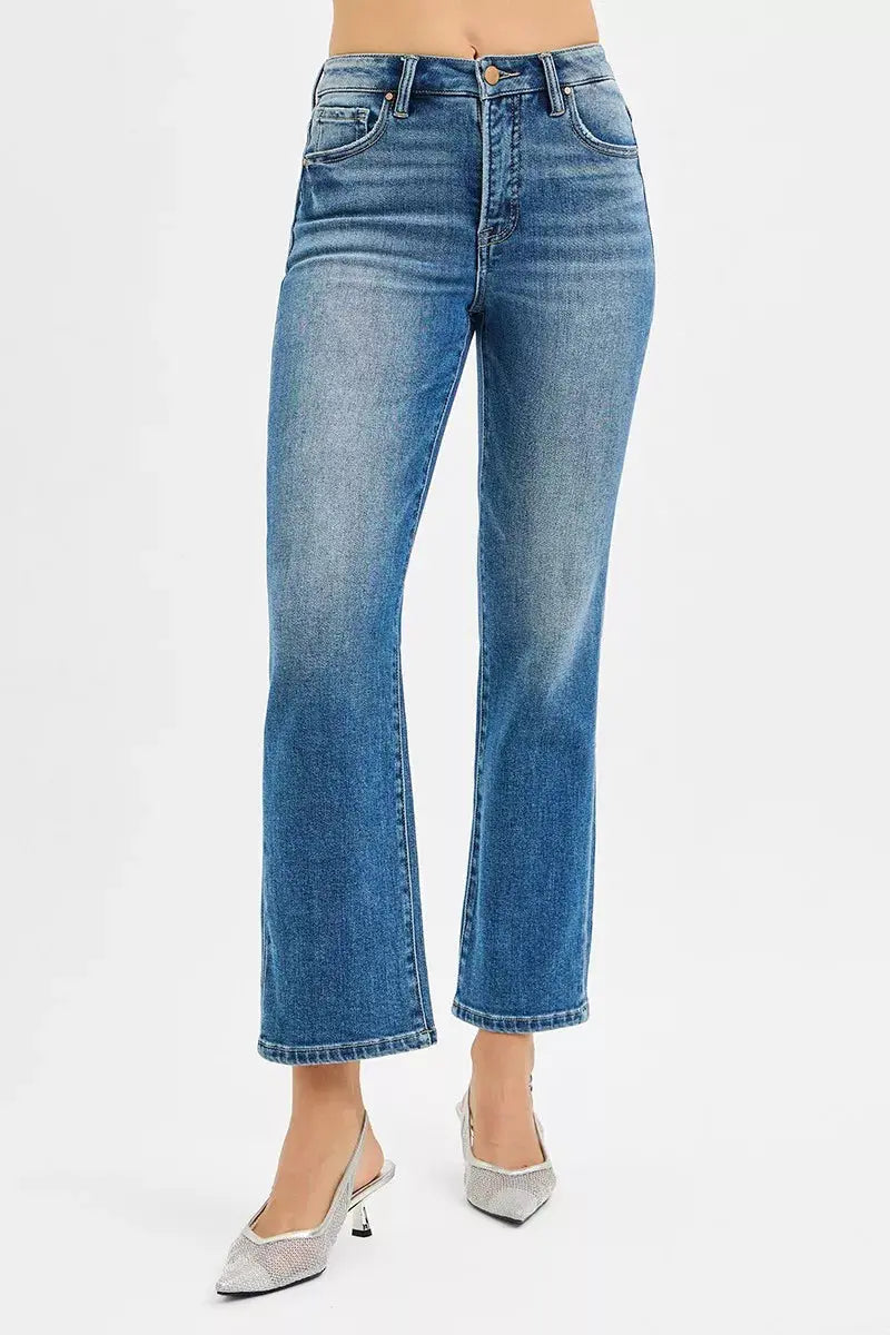 RISEN Tummy Control High Rise Crop Straight Jeans - Sleekdenim.com