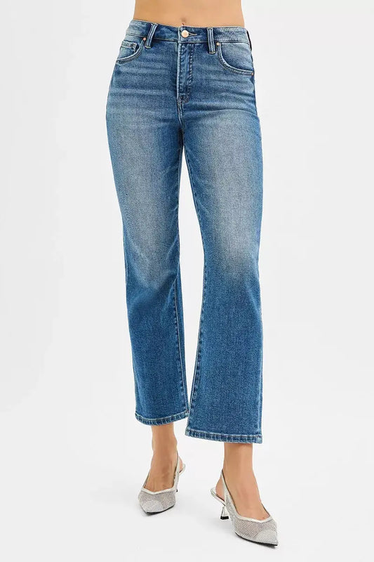 RISEN Tummy Control High Rise Crop Straight Jeans - Sleekdenim.com