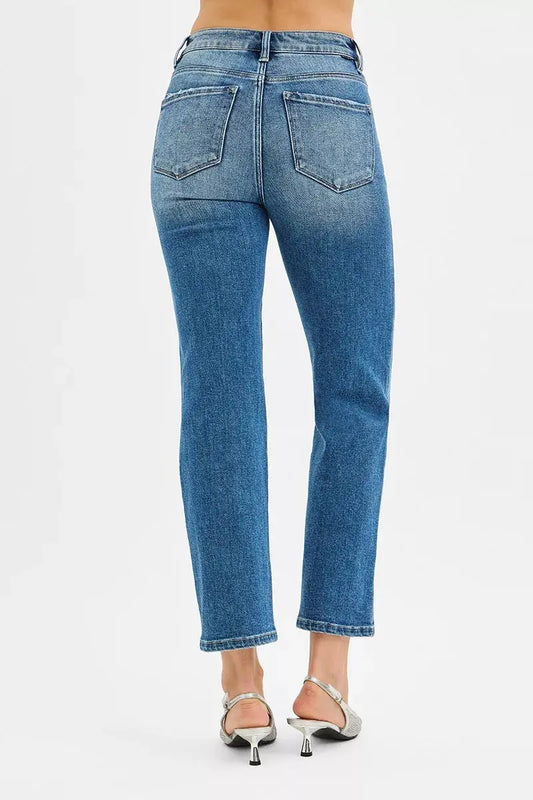 RISEN Tummy Control High Rise Crop Straight Jeans - Sleekdenim.com
