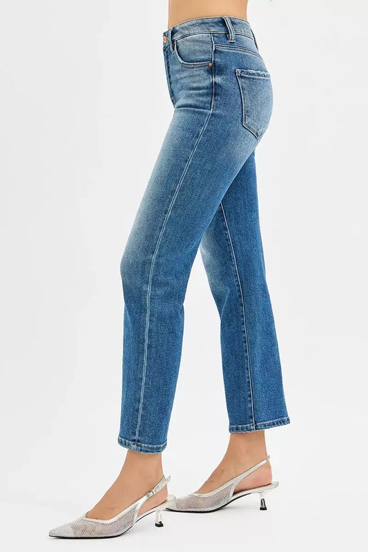 RISEN Tummy Control High Rise Crop Straight Jeans - Sleekdenim.com