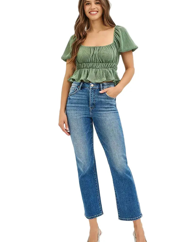 RISEN Tummy Control High Rise Crop Straight Jeans - Sleekdenim.com