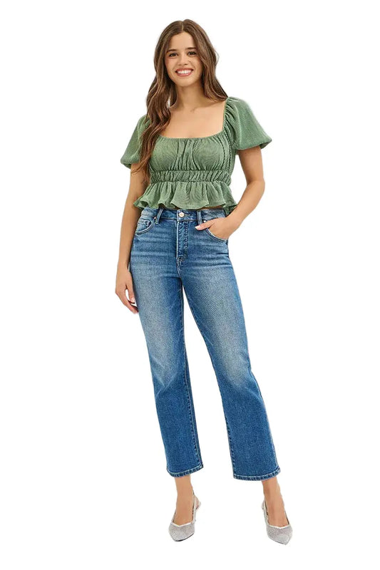 RISEN Tummy Control High Rise Crop Straight Jeans - Sleekdenim.com