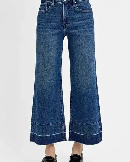 RISEN Tummy Control High Rise Crop Wide Hem Jeans - Sleekdenim.com