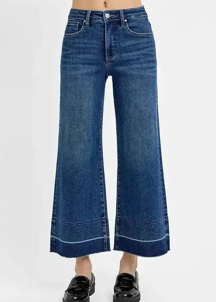 RISEN Tummy Control High Rise Crop Wide Hem Jeans - Sleekdenim.com
