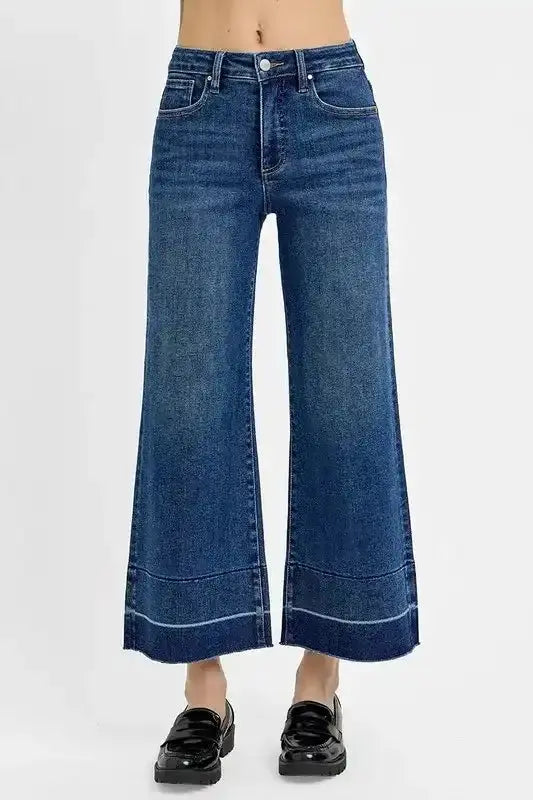 RISEN Tummy Control High Rise Crop Wide Hem Jeans - Sleekdenim.com