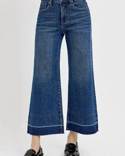 RISEN Tummy Control High Rise Crop Wide Hem Jeans - Sleekdenim.com