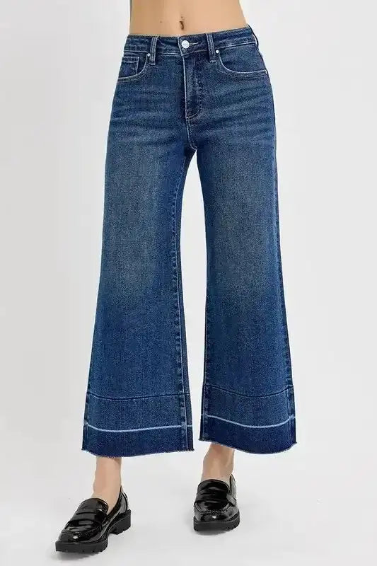RISEN Tummy Control High Rise Crop Wide Hem Jeans - Sleekdenim.com