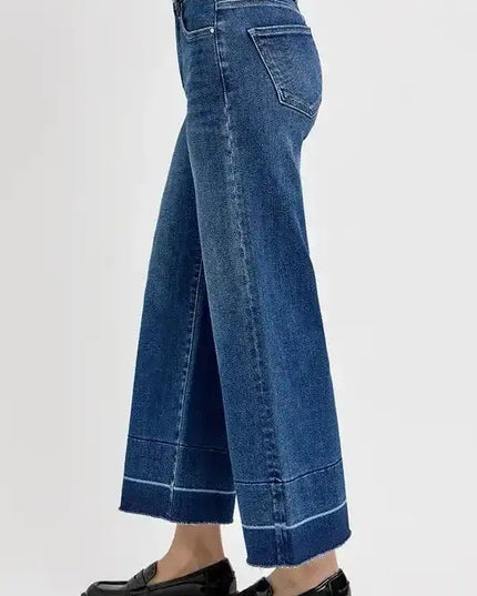 RISEN Tummy Control High Rise Crop Wide Hem Jeans - Sleekdenim.com
