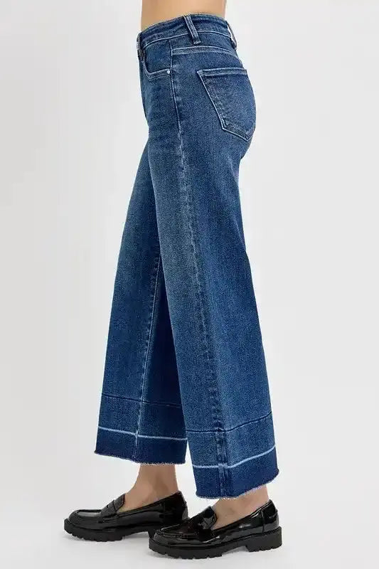 RISEN Tummy Control High Rise Crop Wide Hem Jeans - Sleekdenim.com