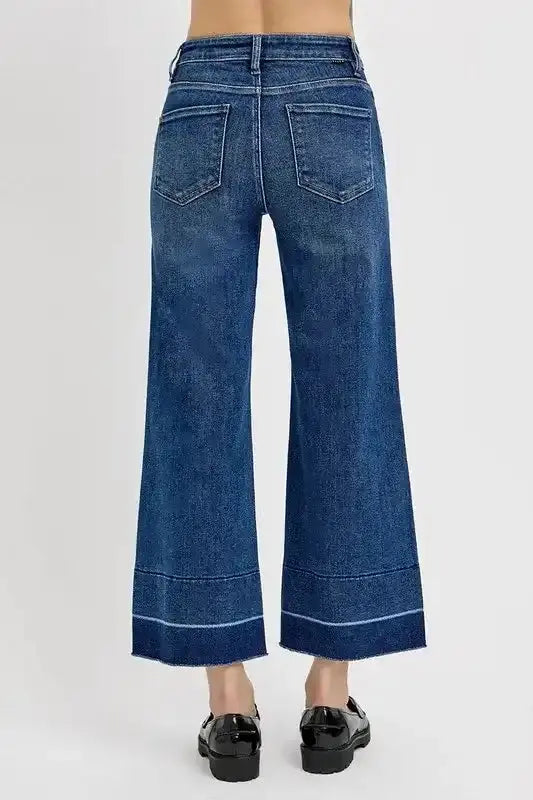 RISEN Tummy Control High Rise Crop Wide Hem Jeans - Sleekdenim.com