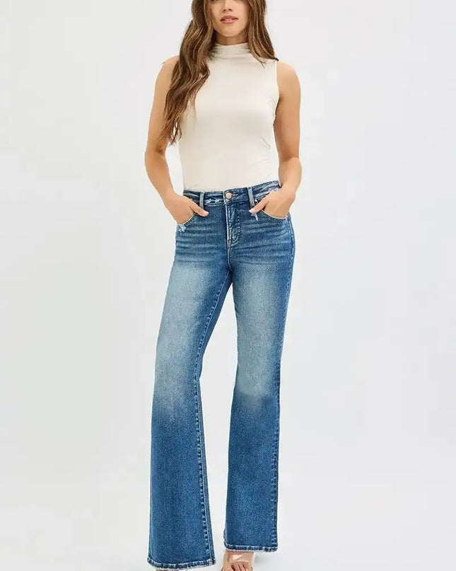 RISEN Tummy Control High Rise Flare Jeans - Sleekdenim.com