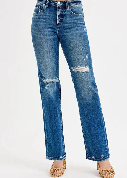 RISEN Tummy Control High Rise Straight Distressed Jeans - Sleekdenim.com