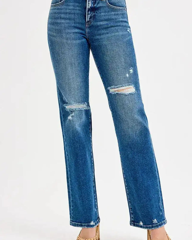 RISEN Tummy Control High Rise Straight Distressed Jeans - Sleekdenim.com