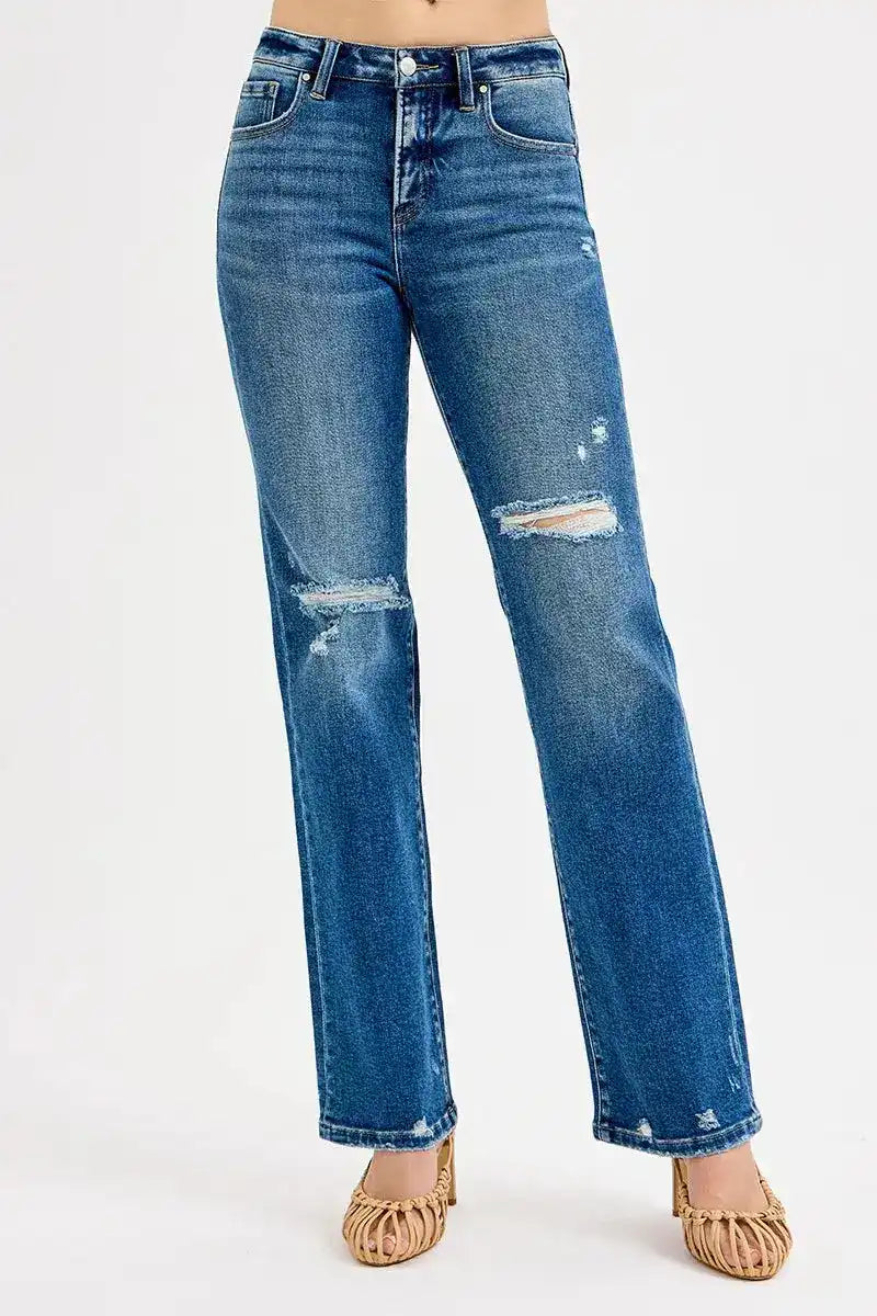 RISEN Tummy Control High Rise Straight Distressed Jeans - Sleekdenim.com
