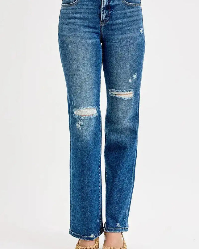 RISEN Tummy Control High Rise Straight Distressed Jeans - Sleekdenim.com