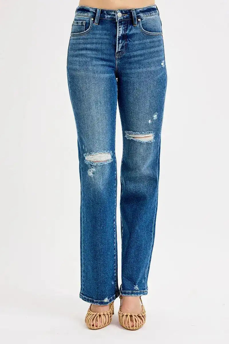 RISEN Tummy Control High Rise Straight Distressed Jeans - Sleekdenim.com