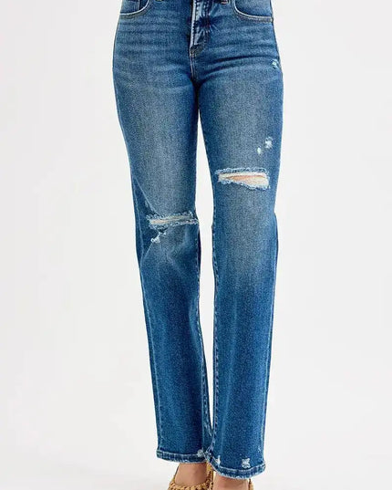 RISEN Tummy Control High Rise Straight Distressed Jeans - Sleekdenim.com