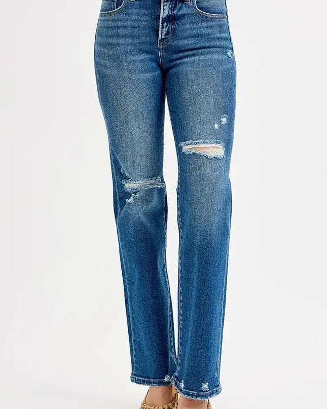 RISEN Tummy Control High Rise Straight Distressed Jeans - Sleekdenim.com