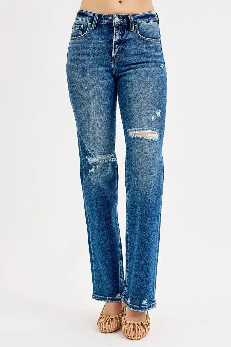 RISEN Tummy Control High Rise Straight Distressed Jeans - Sleekdenim.com