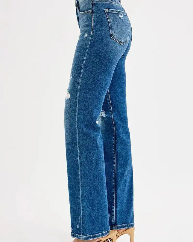 RISEN Tummy Control High Rise Straight Distressed Jeans - Sleekdenim.com