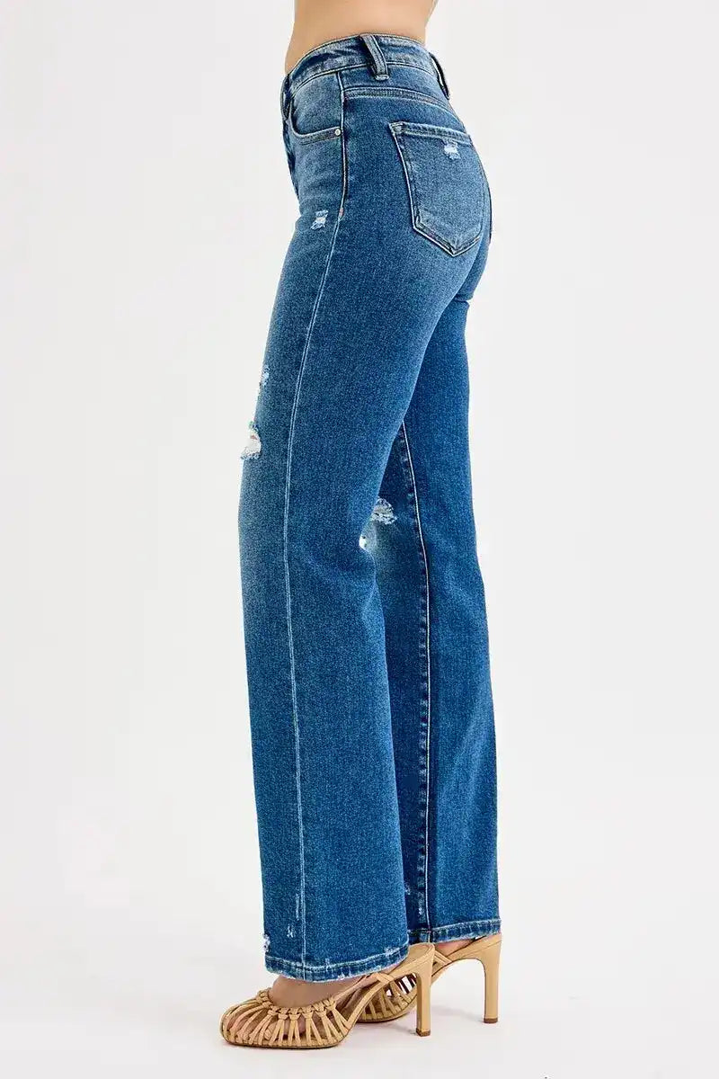 RISEN Tummy Control High Rise Straight Distressed Jeans - Sleekdenim.com
