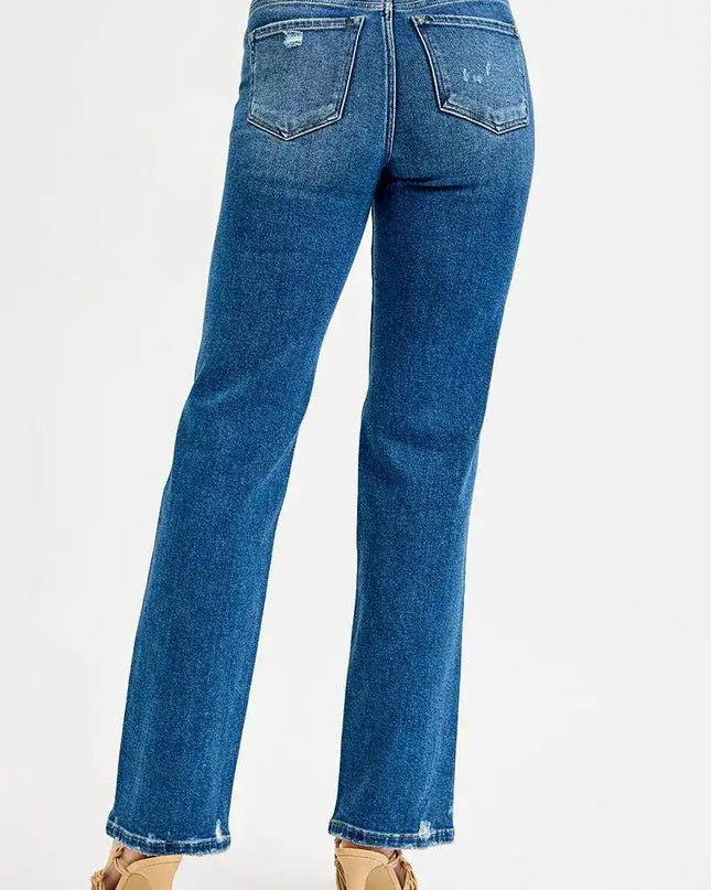 RISEN Tummy Control High Rise Straight Distressed Jeans - Sleekdenim.com