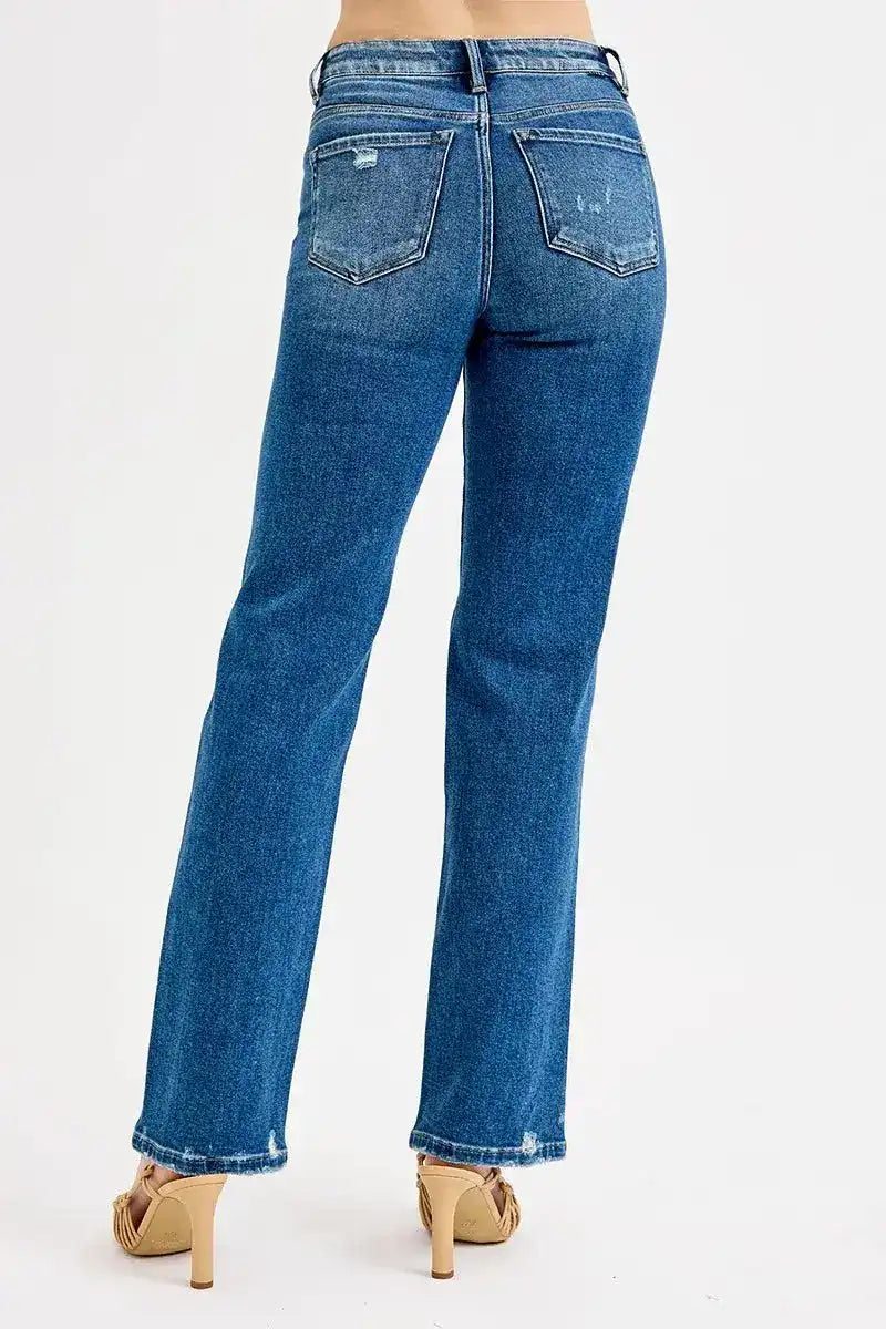 RISEN Tummy Control High Rise Straight Distressed Jeans - Sleekdenim.com