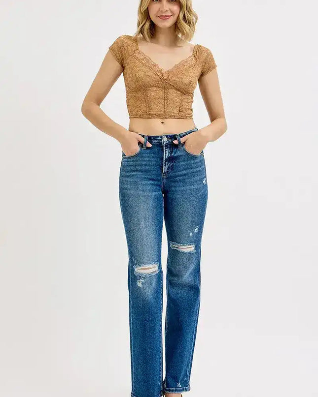 RISEN Tummy Control High Rise Straight Distressed Jeans - Sleekdenim.com