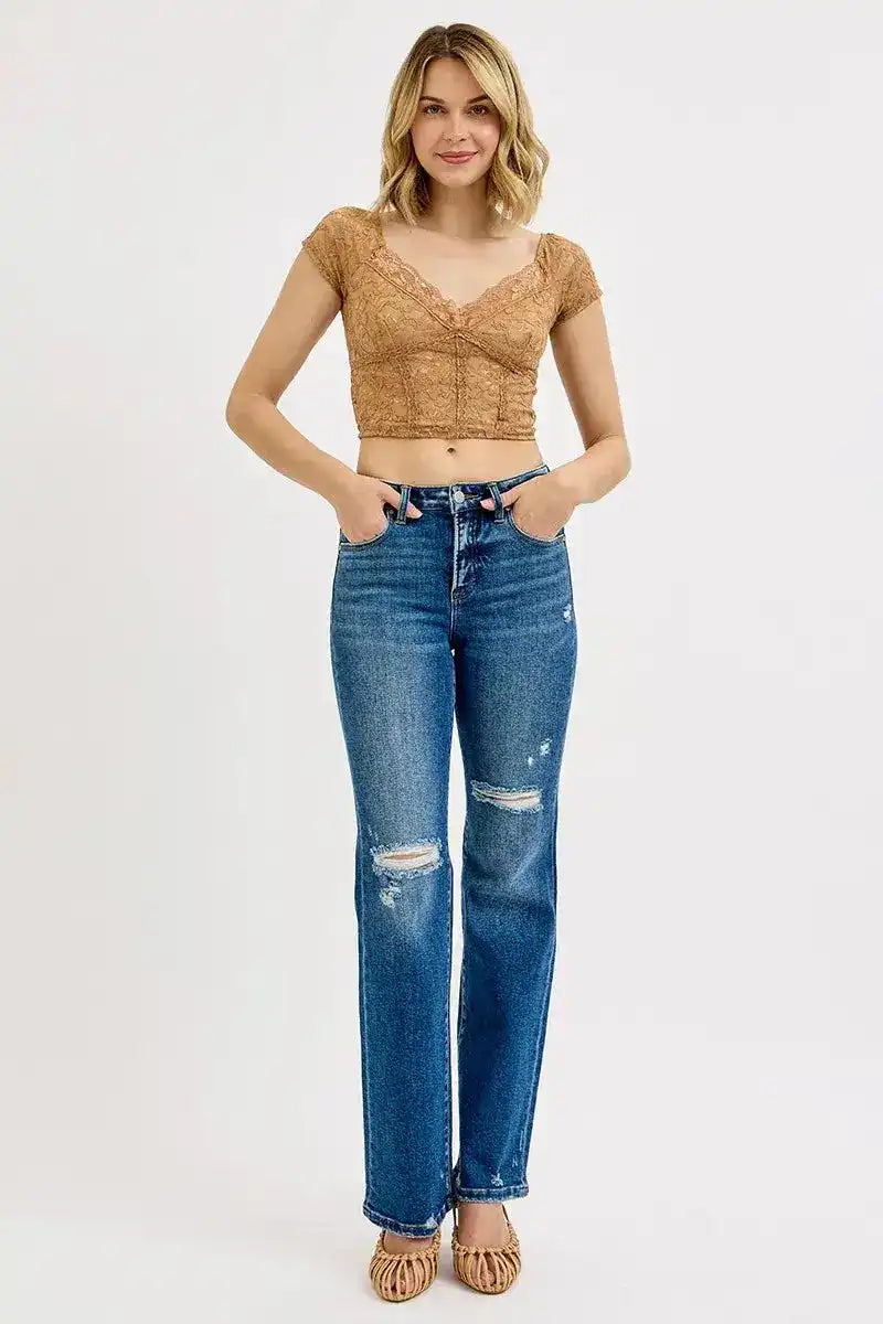 RISEN Tummy Control High Rise Straight Distressed Jeans - Sleekdenim.com