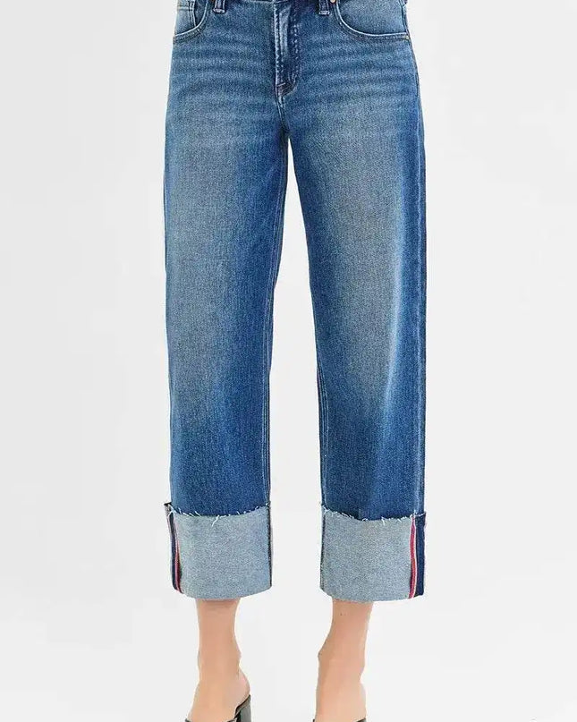 RISEN Tummy Control Mid Rise Crop Wide Leg Cuffed Jeans - Sleekdenim.com
