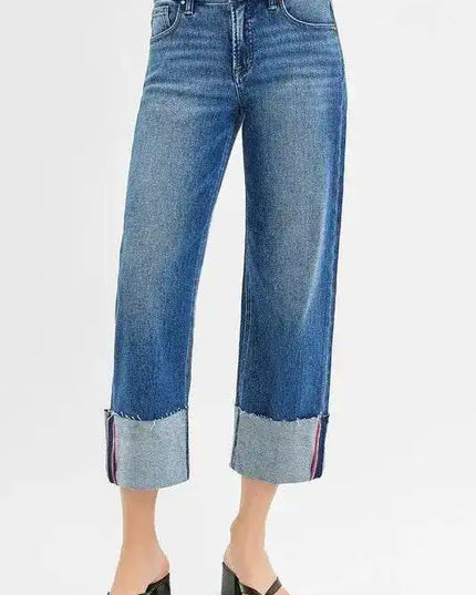 RISEN Tummy Control Mid Rise Crop Wide Leg Cuffed Jeans - Sleekdenim.com