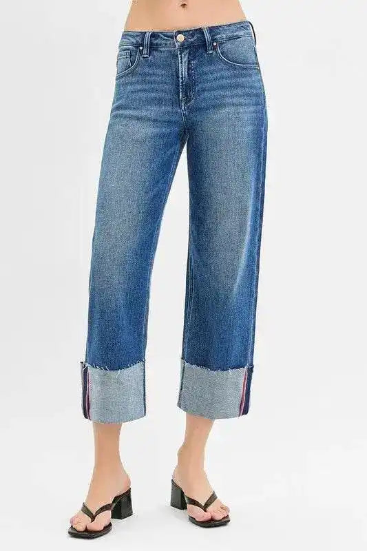 RISEN Tummy Control Mid Rise Crop Wide Leg Cuffed Jeans - Sleekdenim.com