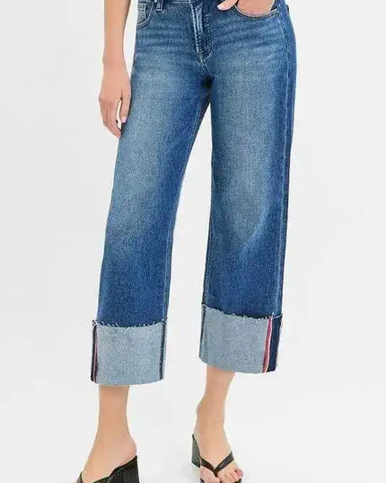 RISEN Tummy Control Mid Rise Crop Wide Leg Cuffed Jeans - Sleekdenim.com
