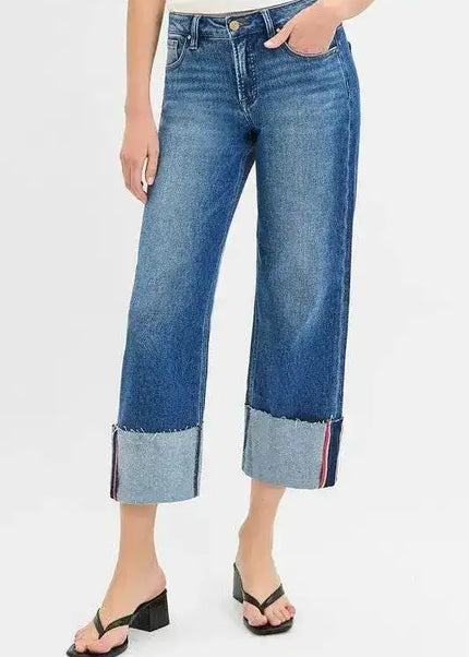 RISEN Tummy Control Mid Rise Crop Wide Leg Cuffed Jeans - Sleekdenim.com