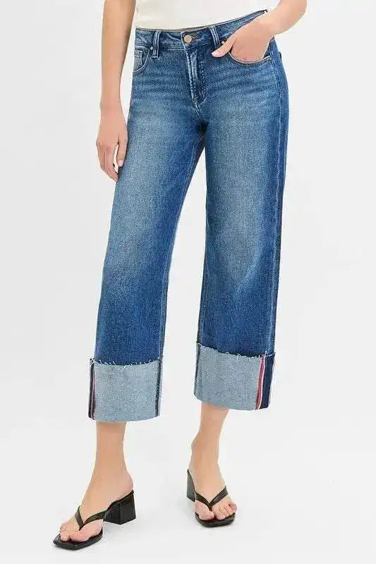 RISEN Tummy Control Mid Rise Crop Wide Leg Cuffed Jeans - Sleekdenim.com