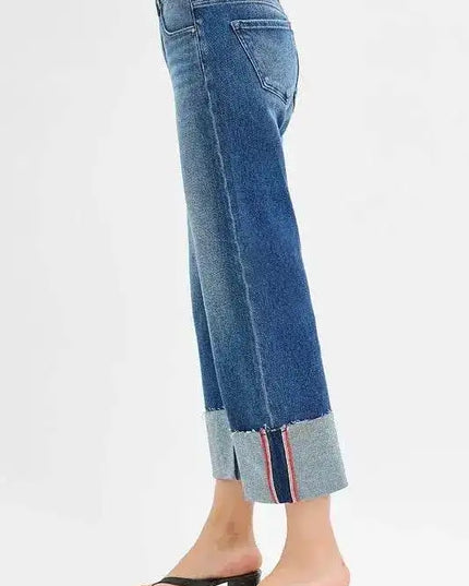 RISEN Tummy Control Mid Rise Crop Wide Leg Cuffed Jeans - Sleekdenim.com