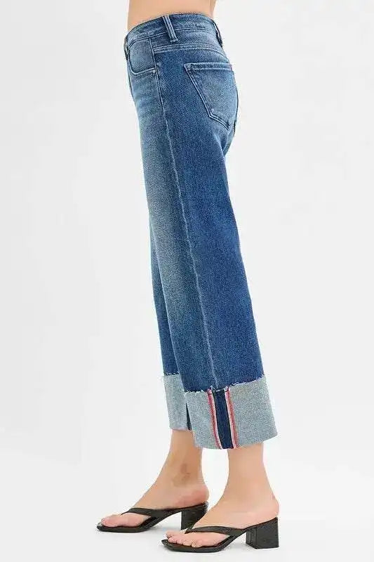 RISEN Tummy Control Mid Rise Crop Wide Leg Cuffed Jeans - Sleekdenim.com