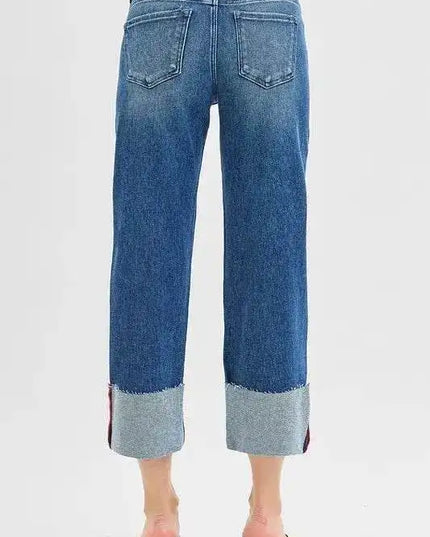 RISEN Tummy Control Mid Rise Crop Wide Leg Cuffed Jeans - Sleekdenim.com