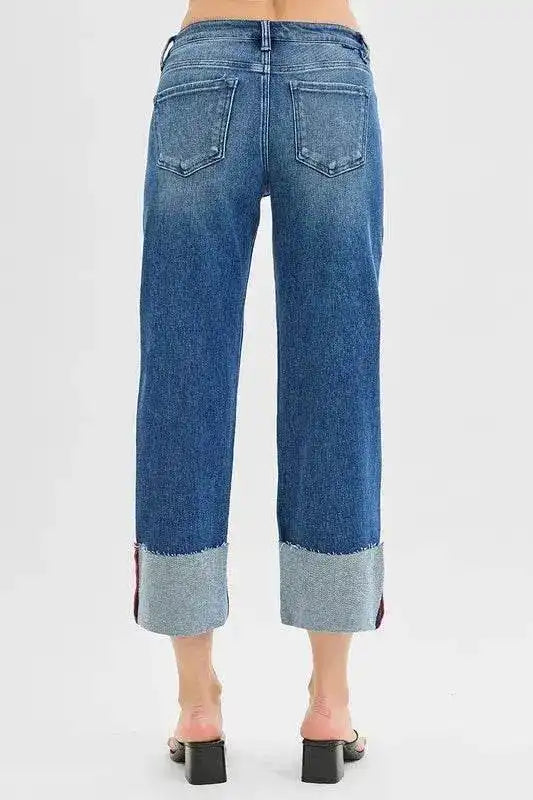 RISEN Tummy Control Mid Rise Crop Wide Leg Cuffed Jeans - Sleekdenim.com