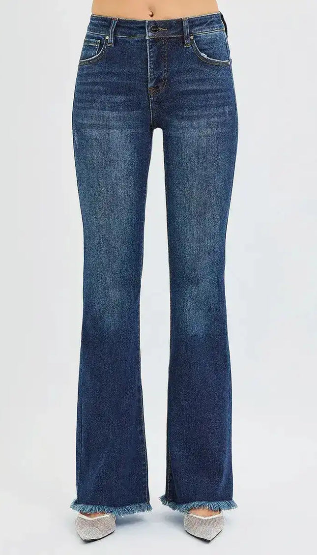 RISEN Tummy Control Mid Rise Flare Jeans PF21401 - Sleekdenim.com