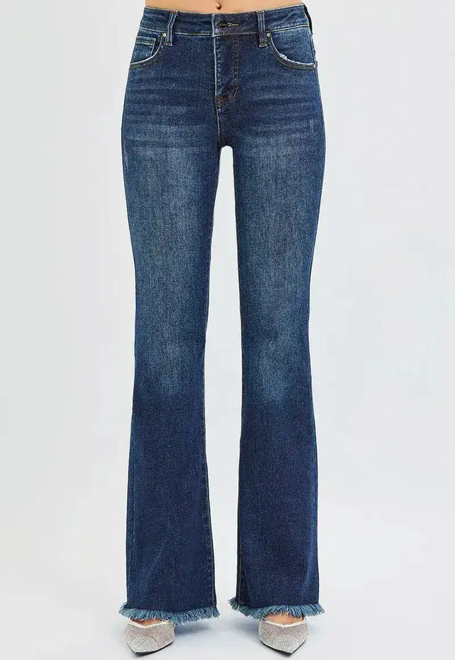 RISEN Tummy Control Mid Rise Flare Jeans PF21401 - Sleekdenim.com